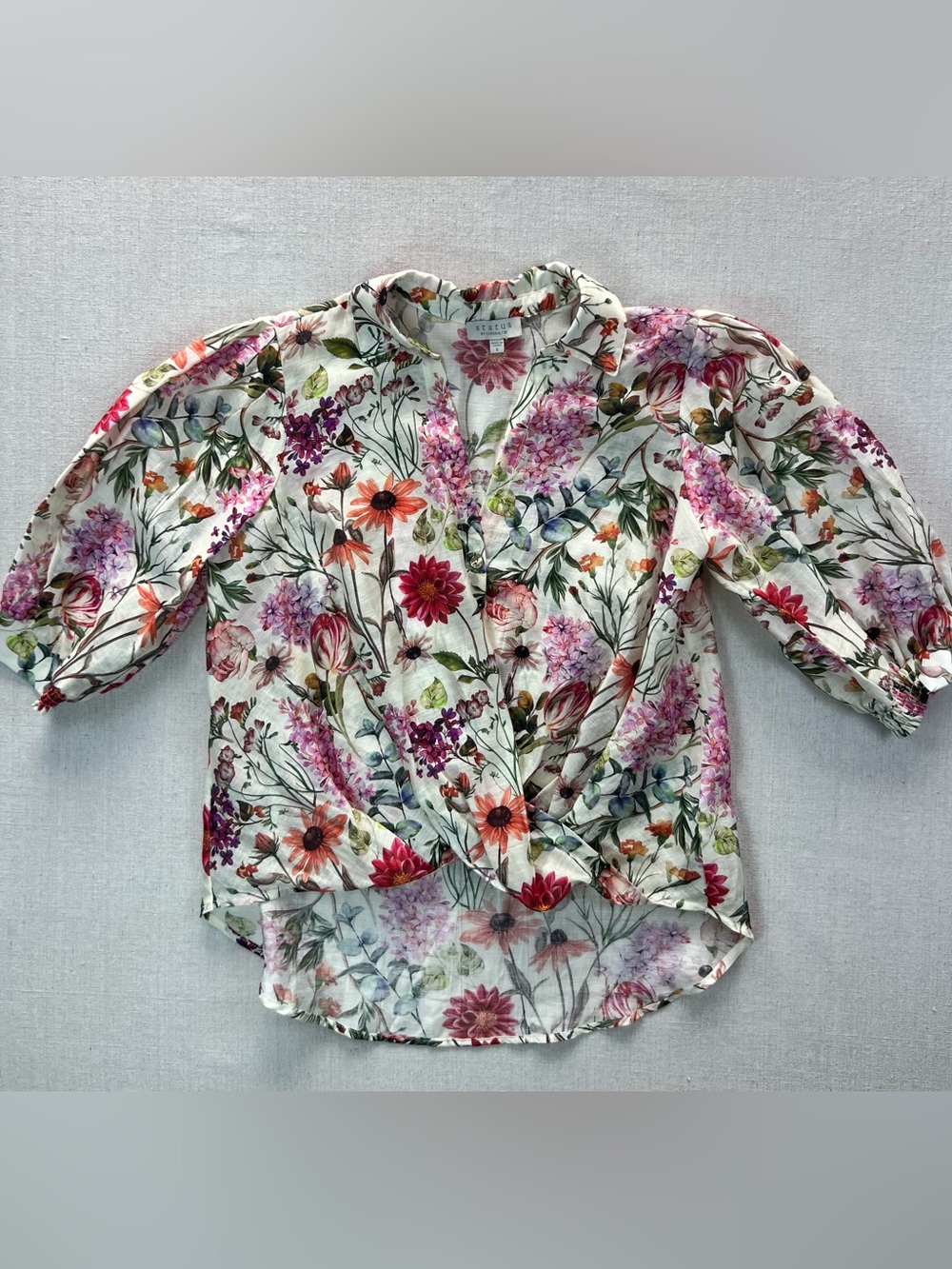 Floral Wrap-Front Puff Sleeve V-Neck Blouse 3/4 Sleeve - Size S